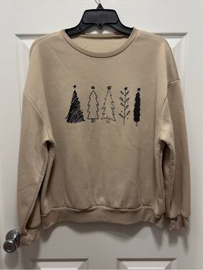 SHEIN Beige Crewneck Sweatshirt with Tree Line Graphic